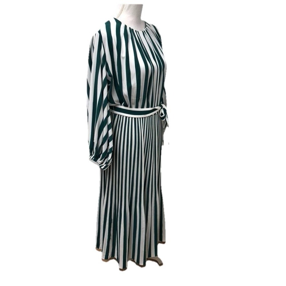 AYR The Magic Moment Midi Dress Womens Medium Green Stripe Belted Career Teacher
